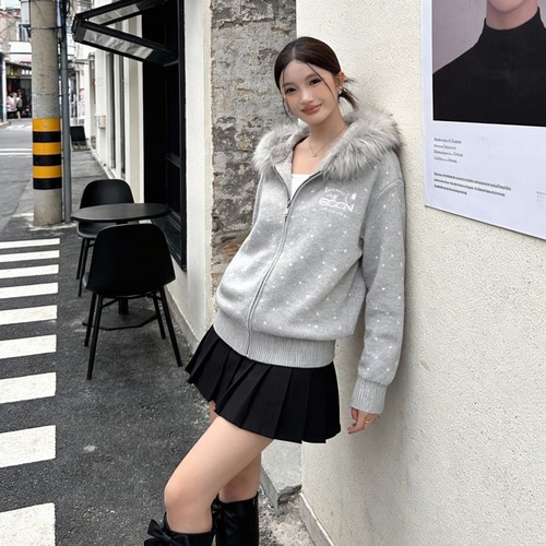 美式波点连帽毛衣加厚外套