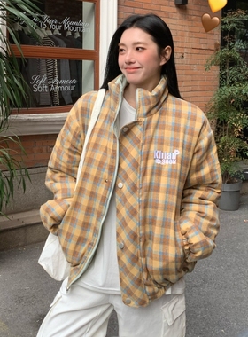 KHIAN SOON美式复古国潮宽松立领格子双面两穿棉服外套2025秋冬款