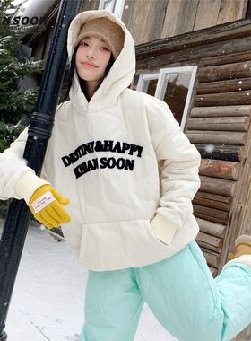 KHIAN SOON美式复古连帽卫衣棉服女秋冬字母刺绣宽松菱格帽衫保暖