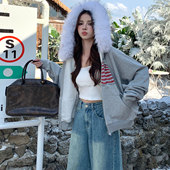 KHIAN SOON美式 复古印花旗帜图案加绒拉链连帽卫衣女可拆卸短外套