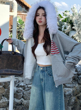 KHIAN SOON美式复古印花旗帜图案加绒拉链连帽卫衣女可拆卸短外套