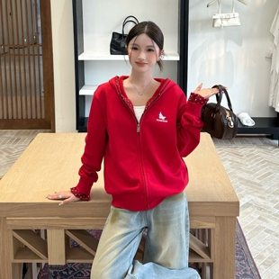 KHIAN SOON秋冬季重磅红色波点连帽拉链外套休闲宽松卫衣上衣外套