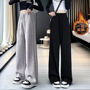 女童加绒裤子休闲风秋冬季儿童运动裤显瘦加厚保暖少女阔腿直筒裤
