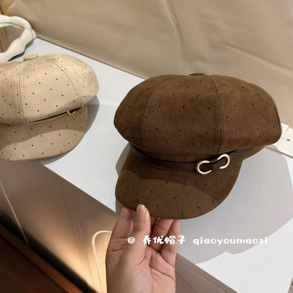 八字扣皮带八角帽韩版满天星水钻显脸小简约气质报童帽贝雷帽秋冬