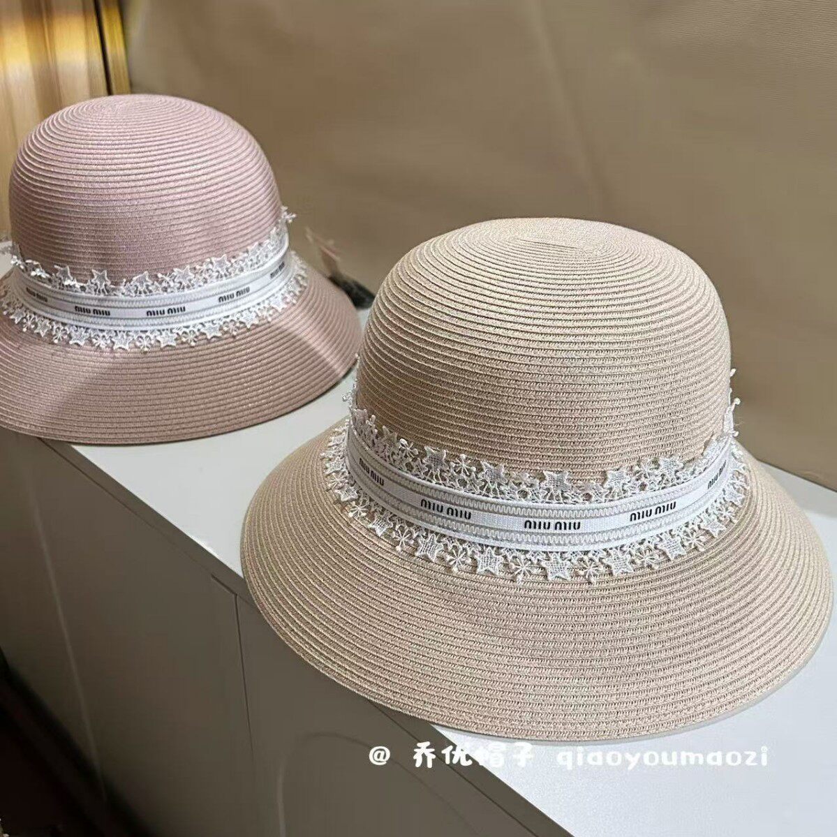 优雅蕾丝花边字母织带渔夫帽夏季出游草编可折叠太阳帽遮阳大檐帽