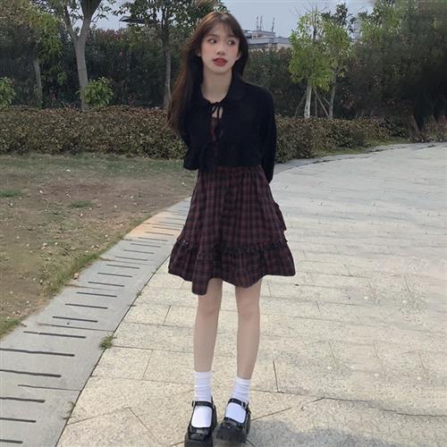 日系甜美套装裙法式衬衫防晒披肩外套甜辣风格子吊带连衣裙两件套