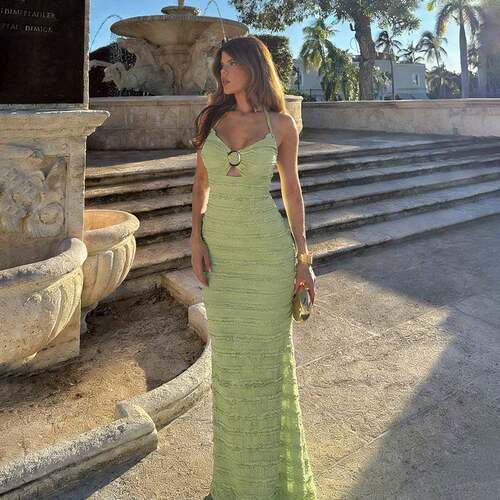 Summer Date Vacation Style Textured Halter Tie Buckle Dress