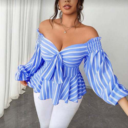 Plus Size Women's Striped One-Shoulder Blouse Shirts Bow