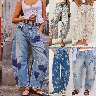 Womens Baggy Boyfriend Jeans Vintage Wide Leg Mid Rise