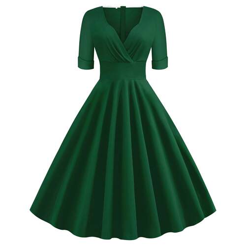 Vintage Red V-Neck with Pleated Details Swing Dress 1950s