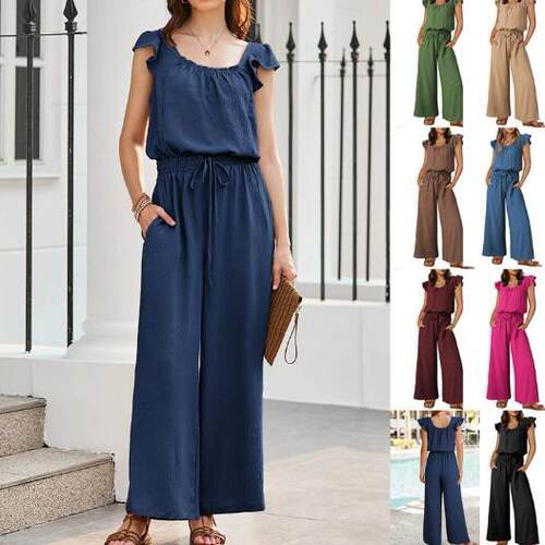 A women's solid color square neck casual sleeveless overalls