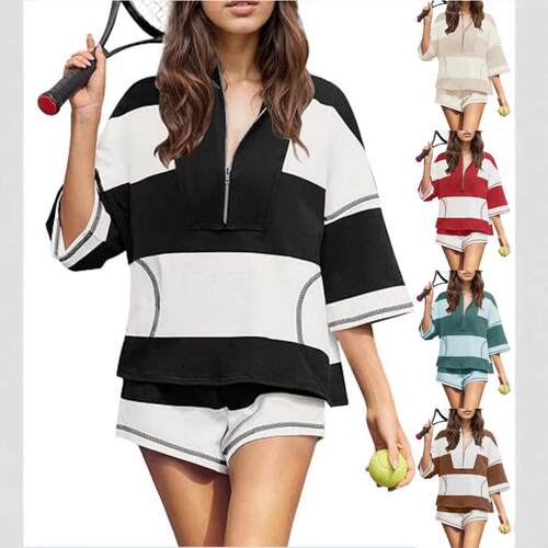 WoodBerry Women's Two Piece Workout Set Striped Short Sleeve