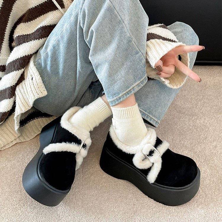 复古保暖勃肯棉鞋女外穿2025冬季新款小个子加绒松糕厚底毛毛鞋子