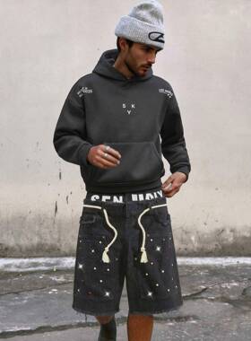 Men's High Cotton Rhinestone Embellished Denim Shorts Black