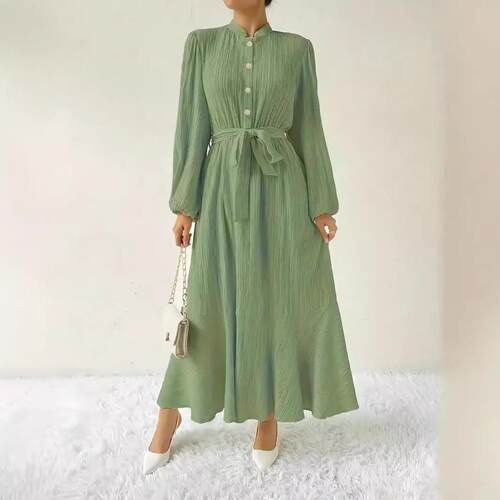 Plain Textured Belted Button Front Ruffle Hem Shirt Dress