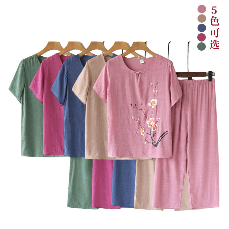 太太上衣妈妈老年奶奶衣服中老年女夏装套装老年人短袖棉麻两件套