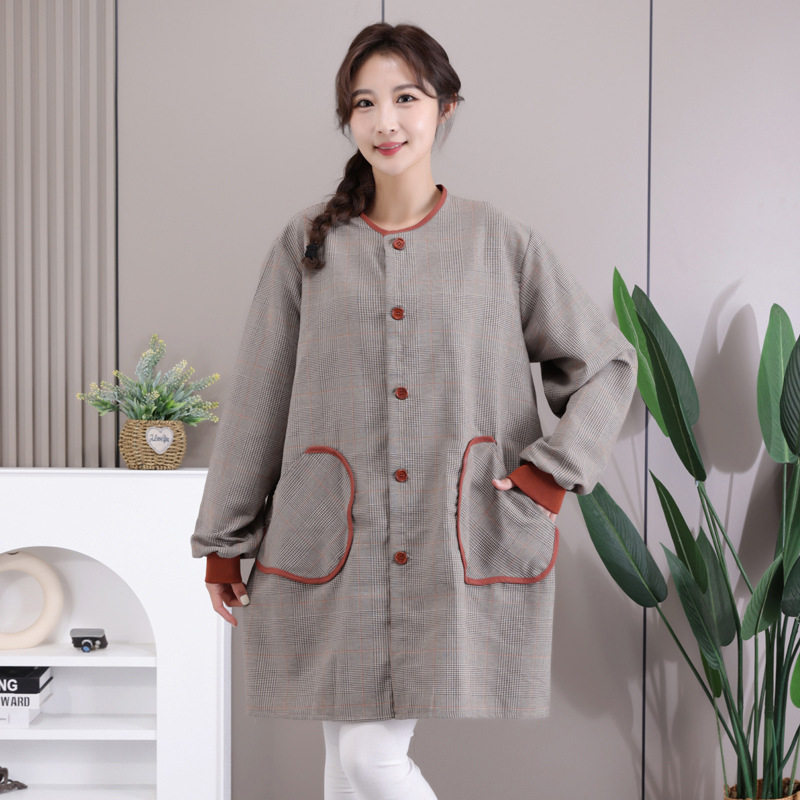 加肥长袖前扣围裙女秋冬格纹厨房家用防污耐脏透气工作服罩衣印字,家庭/个人清洁工具,围裙套装,淘宝优惠券,粉丝福利购,淘宝优惠卷