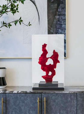 优选现代新中式红色太湖石v亚克力罩摆件酒店样板房间客厅玄关软