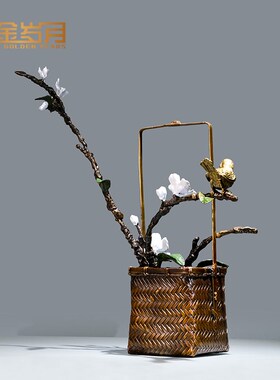 优选《喜鹊花篮》铜金岁r月黄铜摆件工艺品铜器新中式客厅玄关酒