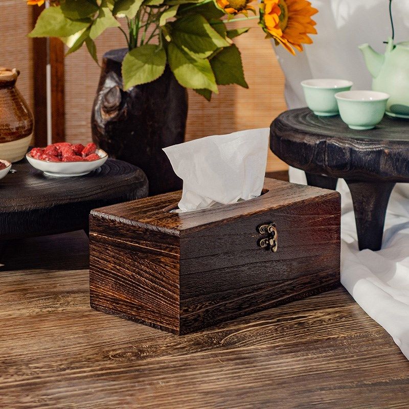 优选木制碳化f纸巾盒复古餐厅中式酒店抽纸盒家用桌面餐巾纸实木