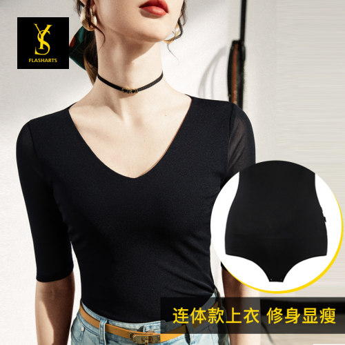 新品拉丁舞练e功服女成年上衣中袖夏新款舞衣网纱摩登舞蹈服V领t
