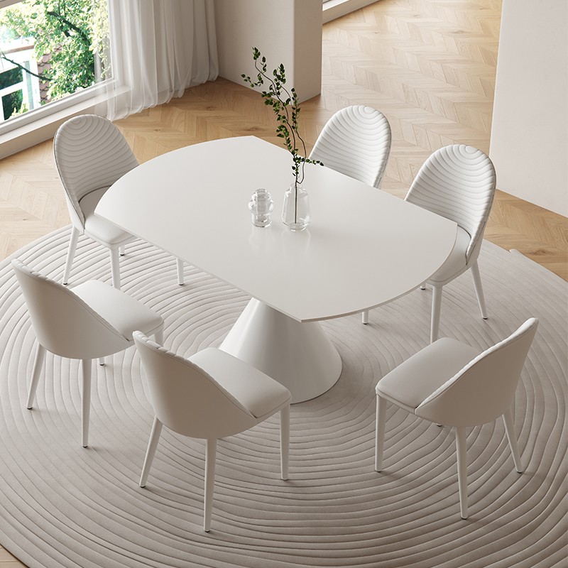 优选奶油风岩板餐桌可伸缩折叠家用纯白色多功Q能简约内嵌转盘圆