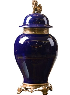 优选美式宝蓝色陶瓷配铜家居v饰品 欧式高档奢华客厅玄关花瓶果盘