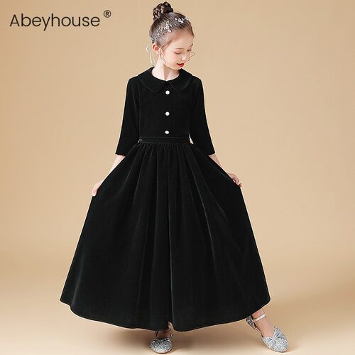 新品女童黑e色晚礼服管弦乐钢琴演出服儿童小主持人半袖公主裙秋