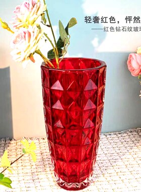 优选喜庆红色水晶玻璃花瓶家居摆U件花瓶欧式花瓶