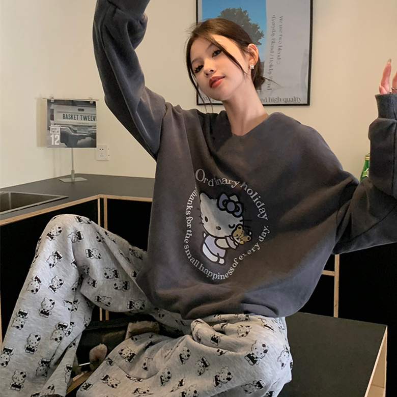 ins网红保暖德绒睡衣女秋冬套装