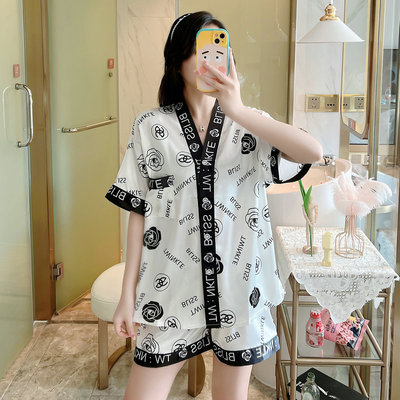2024夏开衫V领冰丝睡衣女夏套装