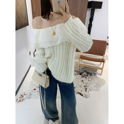 10/15 10AM徐琳「心动丘比特」多层荷叶边拼接竖坑条羊毛混纺毛衣