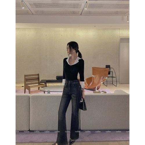 徐琳mini拼接高弹牛仔微喇裤