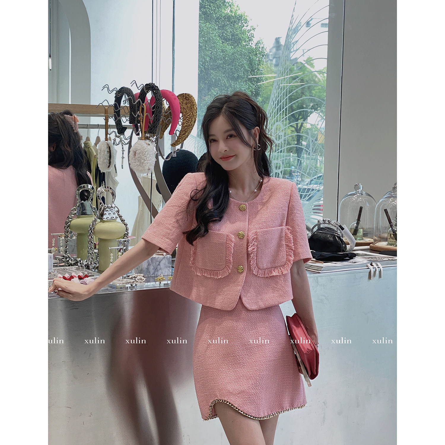 徐琳mini新款编织小香风上衣/半裙套装女网红风优雅短袖两件套