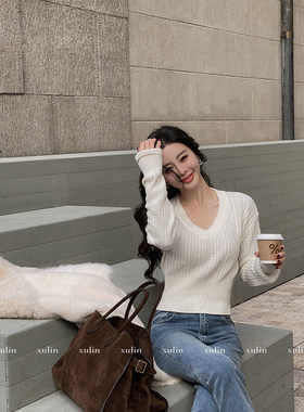 MINI STUDIO徐琳 贴身日记 V领麻花纹18支100羊毛针织上衣
