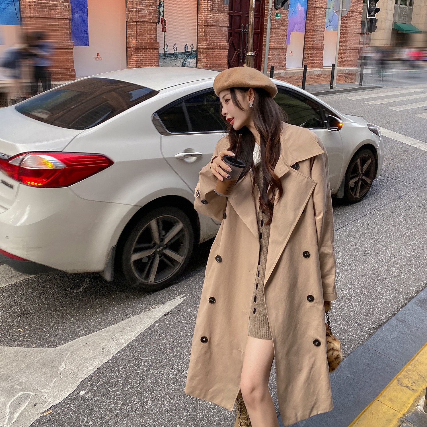 徐琳mini长款翻领风衣外套女秋冬2023年新款宽松气质百搭过膝大衣