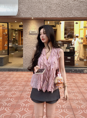 3/13  10AM MINI STUDIO徐琳 「里斯本粉雾」v领苎麻无袖蕾丝上衣