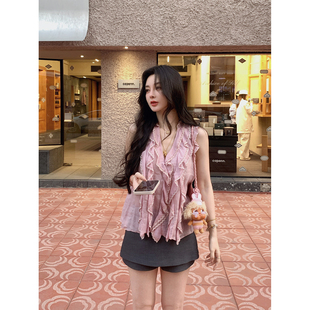 「里斯本粉雾」v领苎麻无袖 10AM STUDIO徐琳 蕾丝上衣 MINI