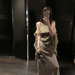 MINI STUDIO徐琳 「绿意」私服款解构风荷叶飘带拼色天丝混纺上衣