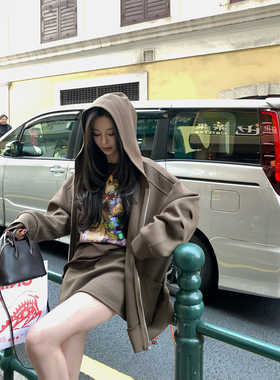 MINISTUDIO徐琳「美式休闲」宽松大廓形撞色拉链连帽卫衣半裙套装