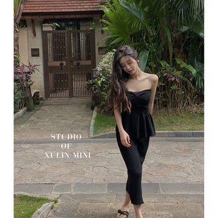 徐琳mini黑色针织半身裙夏季高腰垂感中长款直筒裙子