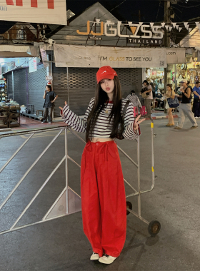 MINI STUDIO徐琳  「红调松弛」松弛感正红色腰头系带工装阔腿裤