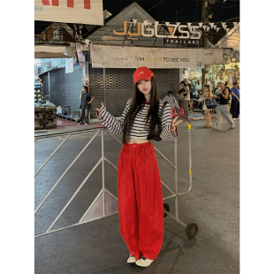 阔腿裤 「红调松弛」松弛感正红色腰头系带工装 STUDIO徐琳 MINI