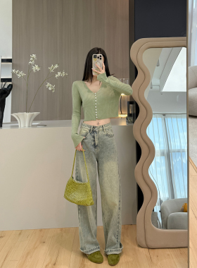 MINI STUDIO徐琳「做旧vtg」复古休闲高腰垂感弯刀宽松阔腿牛仔裤