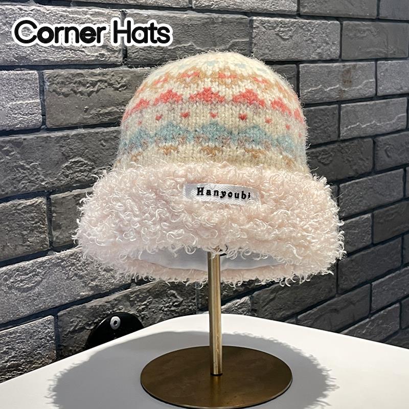 2025新款复古费尔岛提花毛绒帽子女秋冬季保暖显脸小渔夫帽针织帽