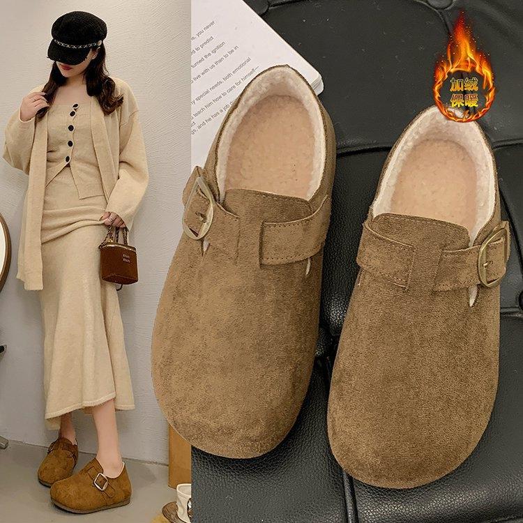 加绒勃肯鞋女2025冬季新款外穿全包懒人一脚蹬保暖厚底休闲毛毛鞋