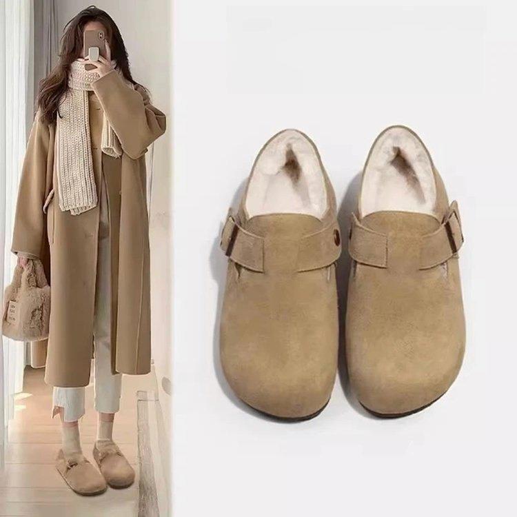 秋冬季勃肯鞋女棉鞋新款美拉德一脚蹬懒人豆豆加绒复古毛毛鞋子女
