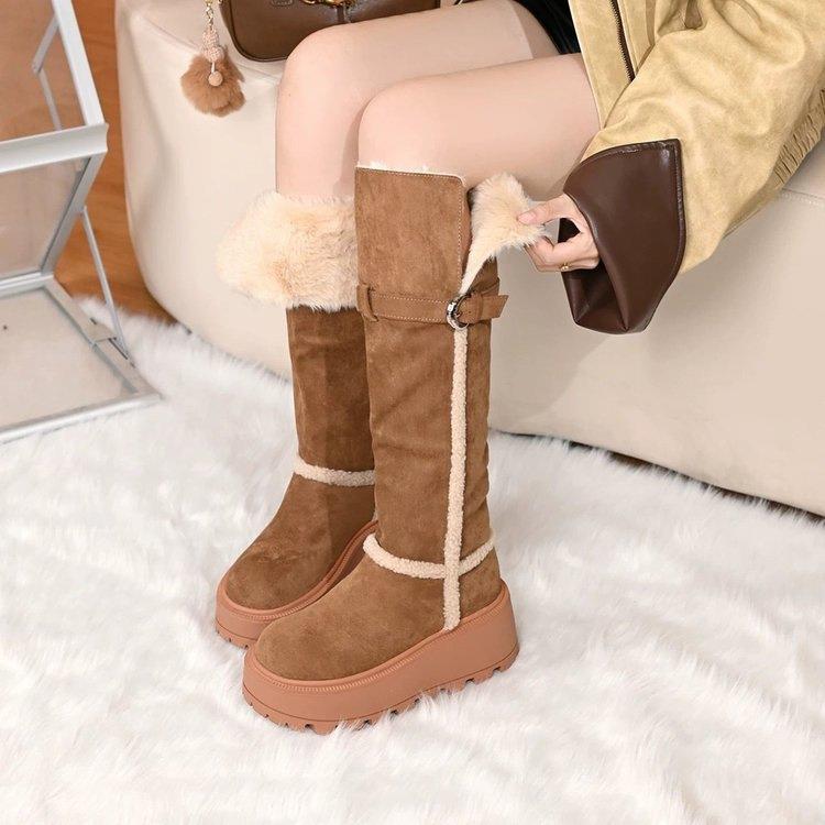 两穿时髦雪地靴高筒靴厚底增高加绒加厚棉鞋保暖毛毛不过膝长筒靴