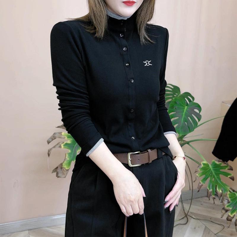 减龄百搭T恤纽扣立领女士上衣