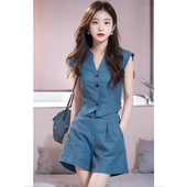 气质套装 夏装 蓝色V领纯色无袖 马甲短裤 搭配一整套今年流行 女装